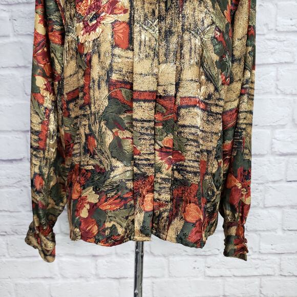 Vintage High Neck Gold Red Green Polyester Blouse Sz 6 - Picture 14 of 14